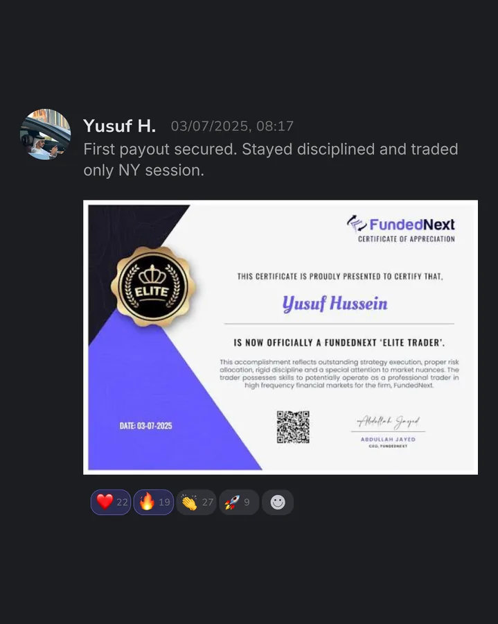 Trader certificate or payout confirmation from a prop firm