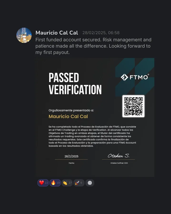 Trader certificate or payout confirmation from a prop firm