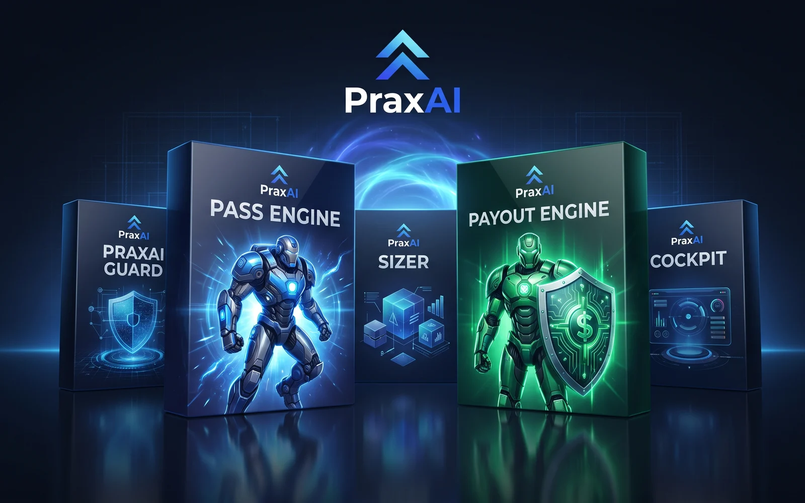 The PraxAI kit: PASS Engine, PAYOUT Engine, PraxAI GUARD, SIZER and COCKPIT delivered together
